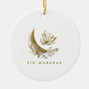 Eid Mubarak   Arabic Calligraphy   Gold Moon Ceramic Ornament