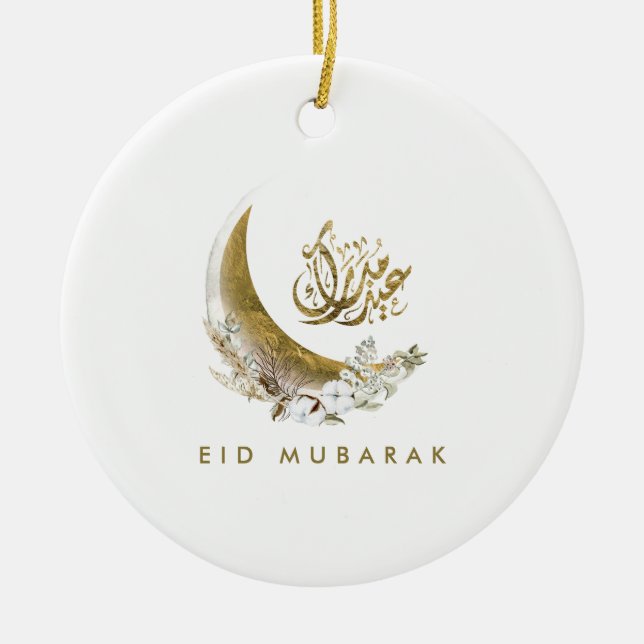 Eid Mubarak | Arabic Calligraphy | Gold Moon Ceramic Ornament (Front)