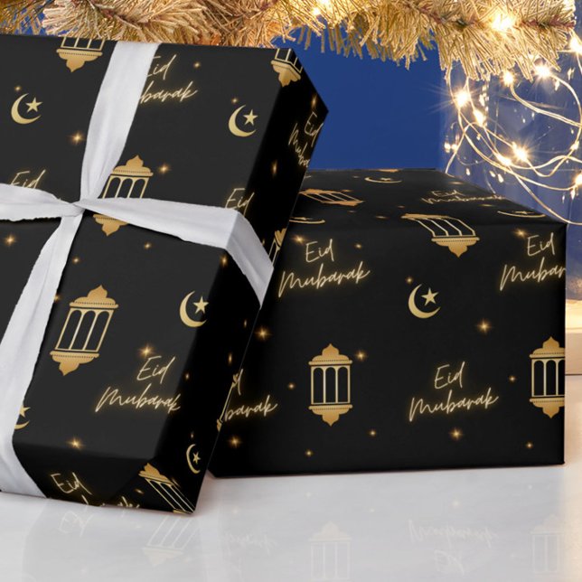 Eid Mubarak Black + Gold Elegant Lanterns + Moon Wrapping Paper (Elegant, modern "Eid Mubarak" black + gold wrapping paper, for your Eid gifting!)
