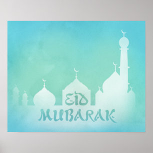 Eid Mubarak Blue Watercolor Mosque - Poster Print