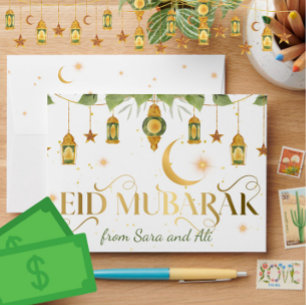 Eid Mubarak Cash Money Gift - Elegant Gold White Envelope