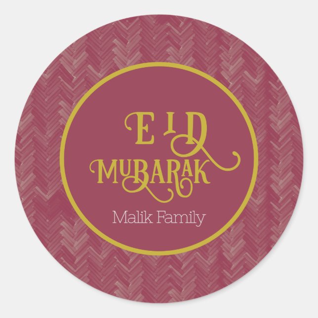 Eid Mubarak Chevron Luxurious Red Personalised Classic Round Sticker (Front)