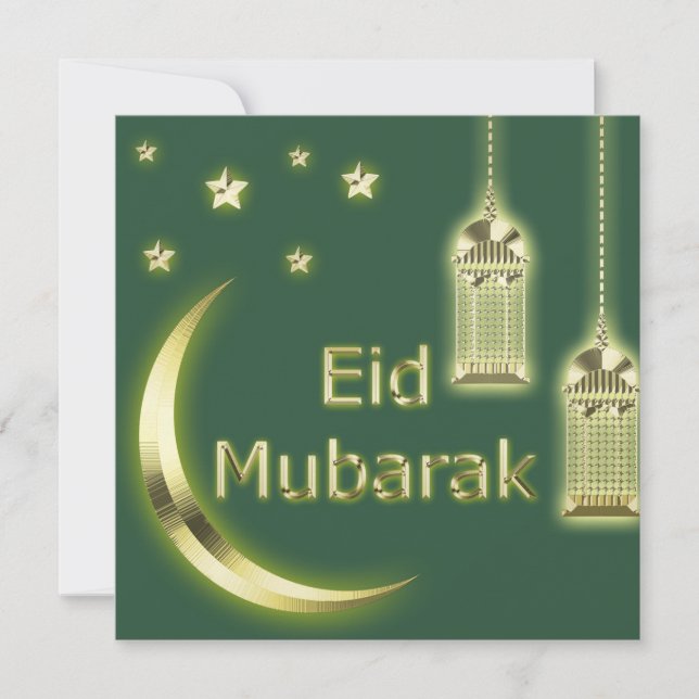 Eid Mubarak Crescent Islamic Lantern Green Golden  Holiday Card (Front)