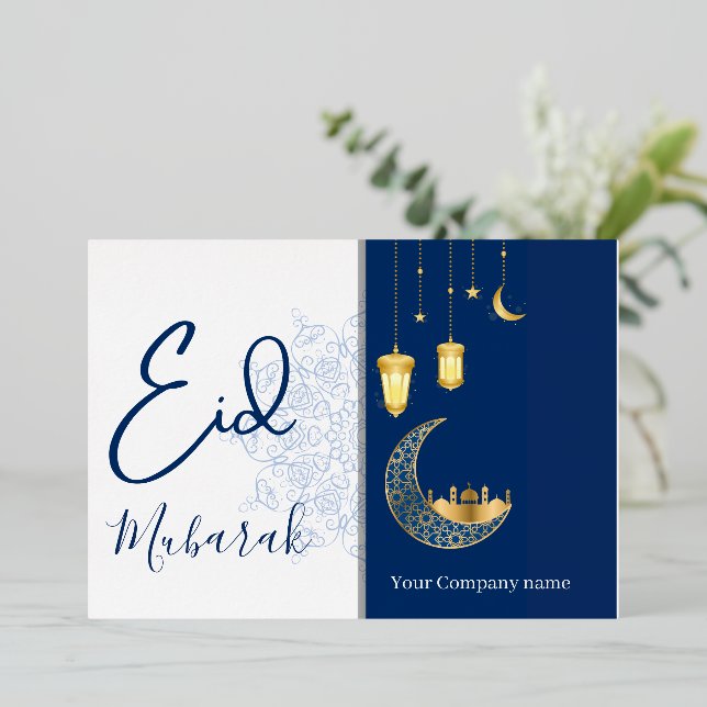 Eid Mubarak /Custom Company Name  blue Greeting  Foil Holiday Card (Standing Front)