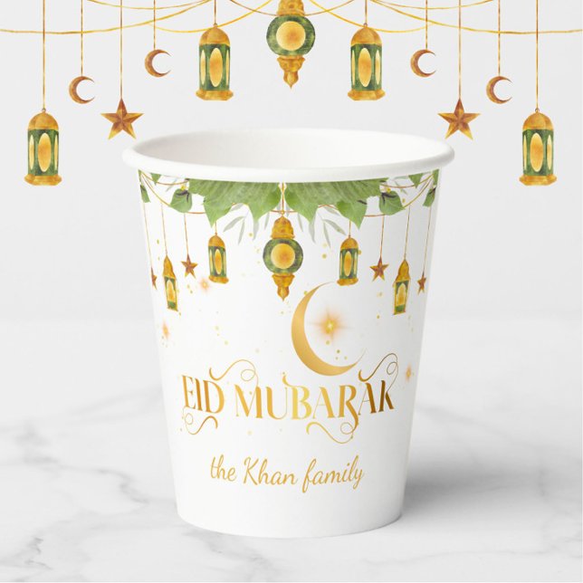 "Eid Mubarak" Custom Elegant Modern White Gold Paper Cups (Elegant, modern "Eid Mubarak" white + gold paper cups for your Eid party! Personalize with name/date)