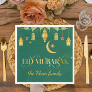 Eid Mubarak Custom Gold Green Lanterns + Moon Napkin