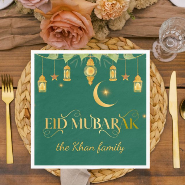 Eid Mubarak Custom Gold Green Lanterns + Moon Napkin (Elegant green + gold "Eid Mubarak" paper napkins for your Eid celebration! )
