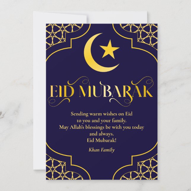 Eid Mubarak Custom Name Elegant Modern Blue Gold Holiday Card (Front)