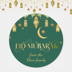 Eid Mubarak Custom Name Elegant Modern Green Gold Classic Round Sticker