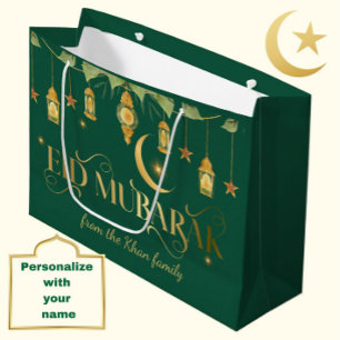 Eid Mubarak Custom Name Elegant Moon Green Gold Large Gift Bag