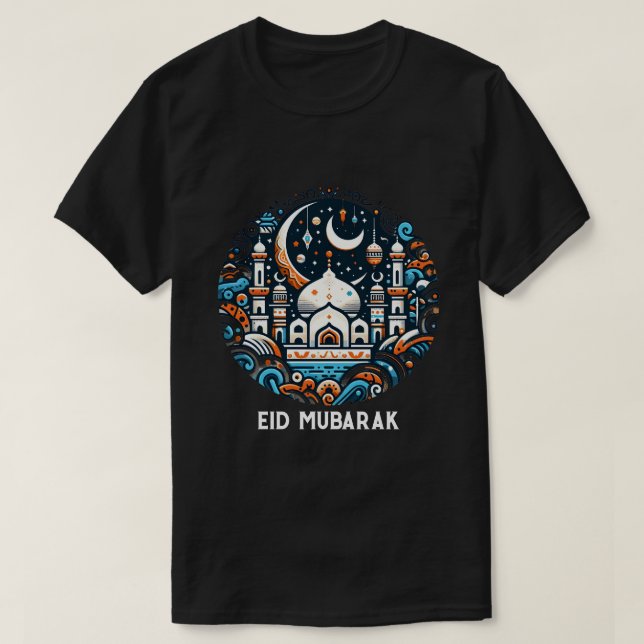 Eid Mubarak Decorated Crescent Colourful Mosque Ar T-Shirt (Design Front)