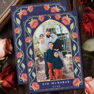 Eid Mubarak Elegant Blue Floral Photo Holiday Card