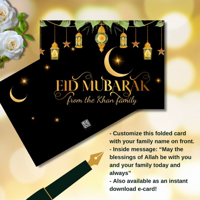 Eid Mubarak Elegant Gold Black Lanterns + Moon Card (An elegant "Eid Mubarak" black + gold card, featuring lanterns, stars and a crescent moon.)