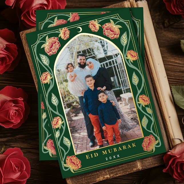 Eid Mubarak Elegant Green Floral Photo Foil Holiday Card (Creator Uploaded)