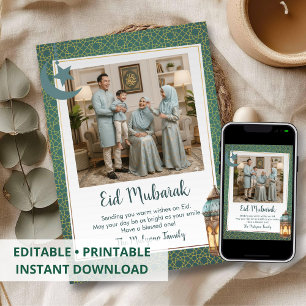 Eid Mubarak Family Photo Card Green Teal Pattern