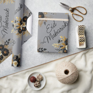 Eid Mubarak Floral Black Gold Script grey Wrapping Paper