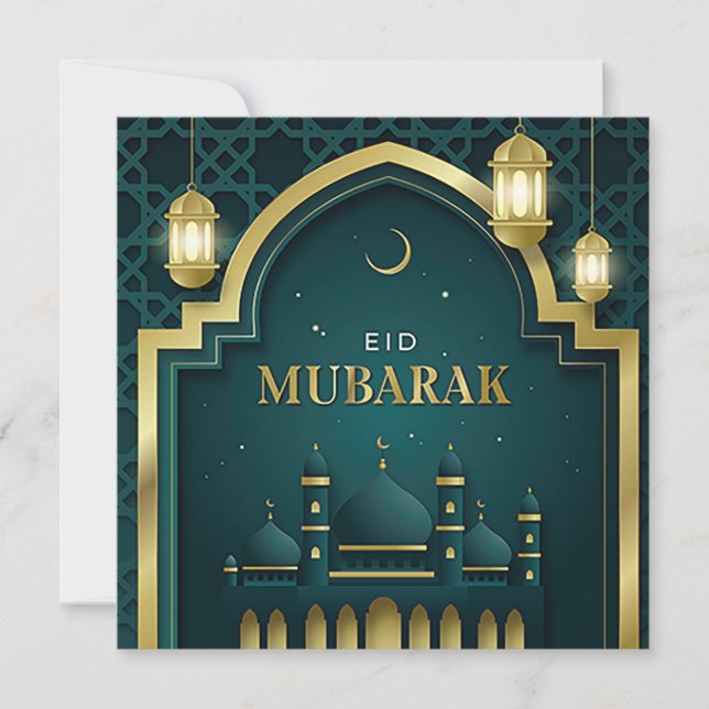 Eid Mubarak Gold Crescent Star Mosque Green  Holiday Card (Front)