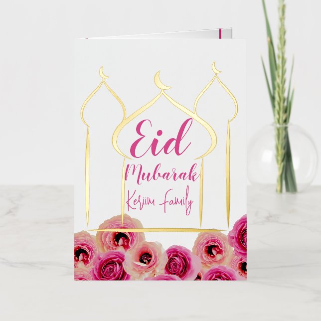 Eid Mubarak Golden Mosque Rose Blossom Purple Foil Greeting Card (Front)