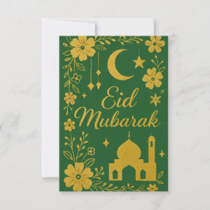 Eid Mubarak - Green and Gold Mosque Flowers Invitation