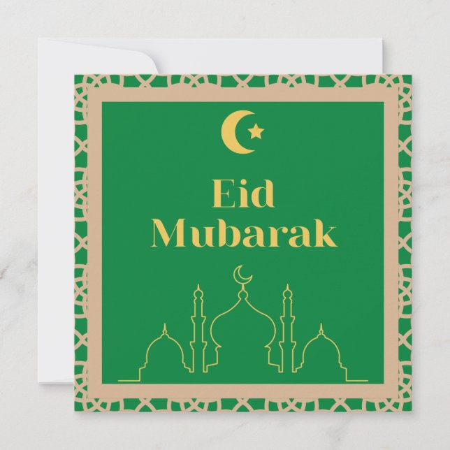 Eid Mubarak Green Background with Brown Frame Invitation (Front)