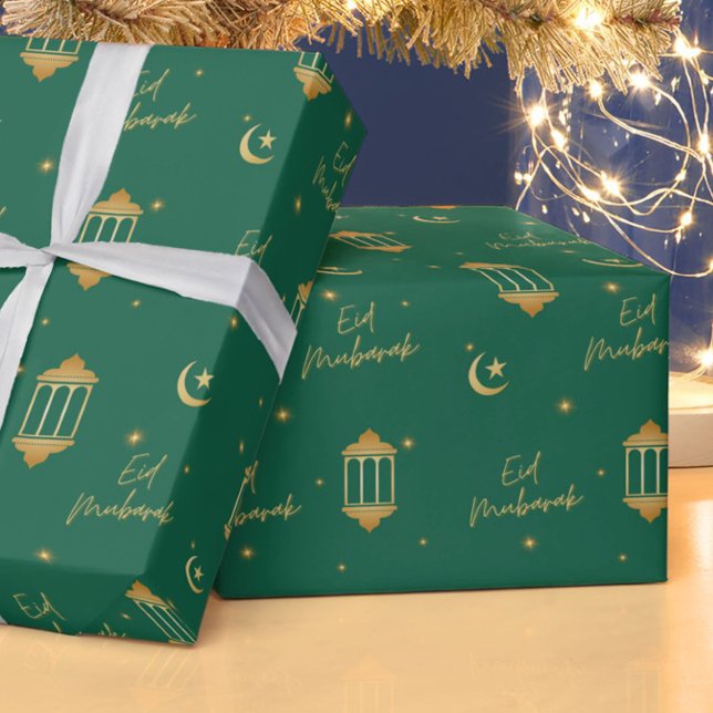 Eid Mubarak Green + Gold Elegant Lanterns + Moon Wrapping Paper (Modern, elegant "Eid Mubarak" wrapping paper in emerald green + gold, with lanterns, moon + stars.)
