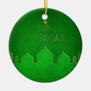 Eid Mubarak Green Gold Mosque Ceramic Tree Decoration