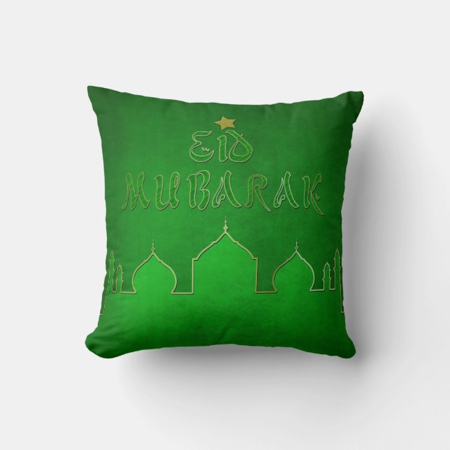 Eid Mubarak Green Gold Mosque Cushion (Front)