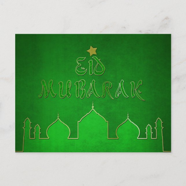 Eid Mubarak Green Gold Mosque Postcard (Front)