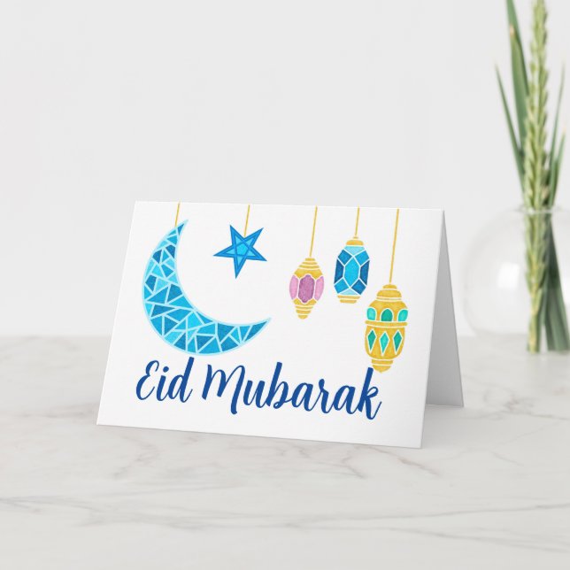 Eid Mubarak Greetings with Fanoos and Moon Card (Front)