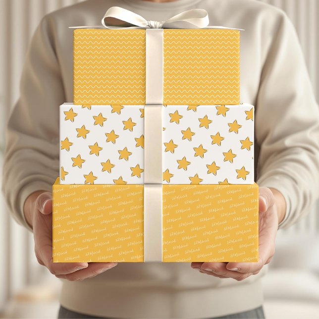 Eid Mubarak Kids Yellow Star Wavy Pattern Quote Wrapping Paper Sheet (Creator Uploaded)