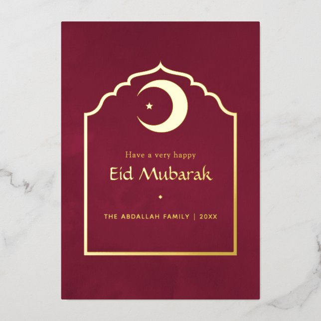 Eid Mubarak Marsala Red and Gold Foil Holiday Card (Front)