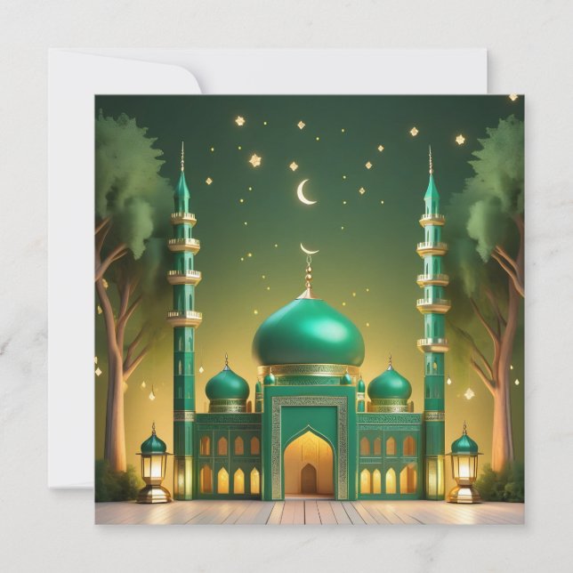 Eid Mubarak Mosque Crescent Stars Green Gold Holiday Card (Front)