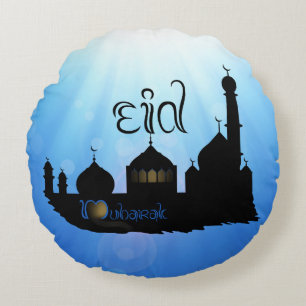 Eid Mubarak Mosque with Typography Round Cushion
