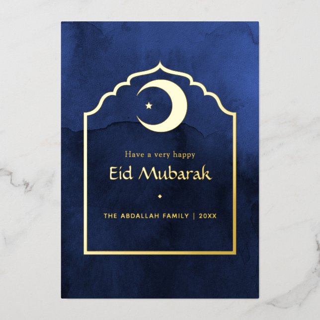 Eid Mubarak Navy Blue and Gold Foil Holiday Card (Front)