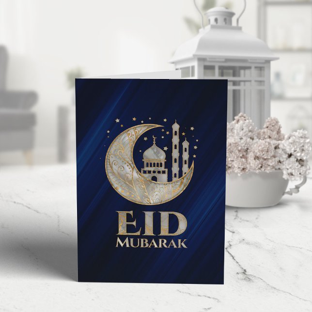 Eid Mubarak — Pearl and Gold on blue Card (Creator Uploaded)