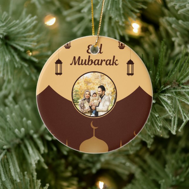 Eid Mubarak Photo Frame Mosque Skyline Art Ceramic Ornament (Tree)