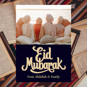 Eid Mubarak Ramadan Elegant Photo Blue Gold Holiday Card