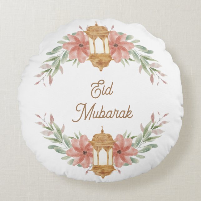 Eid Mubarak |Ramadan Mubarak Flowers Wreath Lamp  Round Cushion (Front)