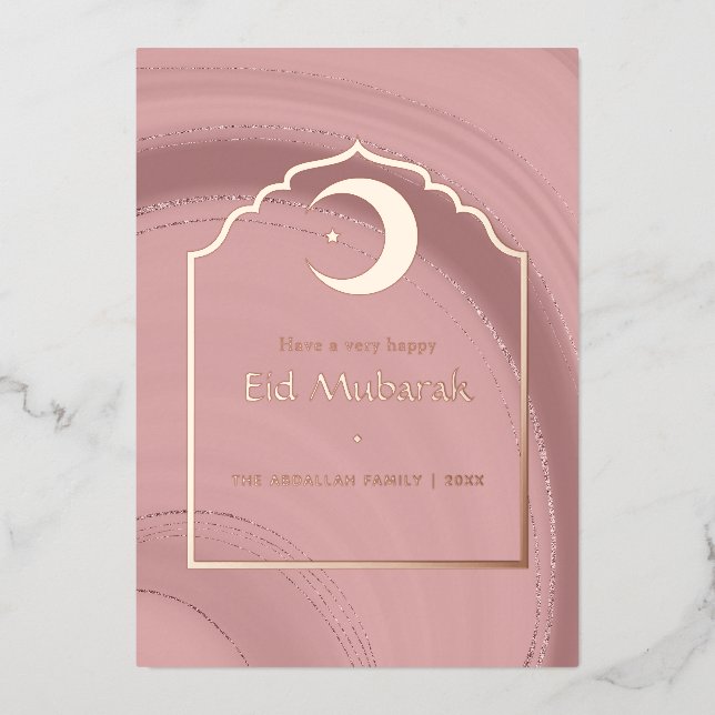Eid Mubarak Rose Gold and Blush Pink Agate Foil Ho Holiday Card (Front)