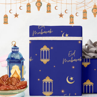 Eid Mubarak Sapphire Blue + Gold Lanterns Moon Wrapping Paper