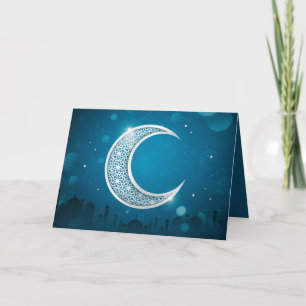 Eid Mubarak Shinnig Moon Mosque Star White Blue Holiday Card