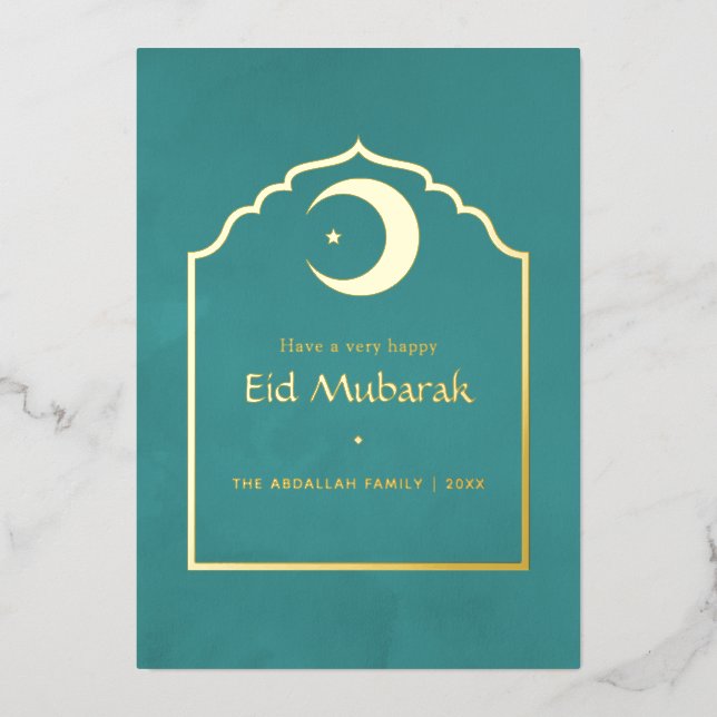 Eid Mubarak Teal and Gold Foil Holiday Card (Front)