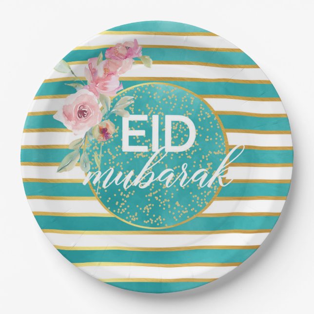 Eid Mubarak Teal Gold Floral Plate (Front)