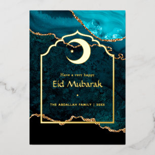Eid Mubarak Teal - Turquoise and Gold Agate Foil Holiday Card