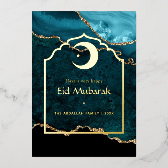 Eid Mubarak Teal - Turquoise and Gold Agate Foil Holiday Card (Front)