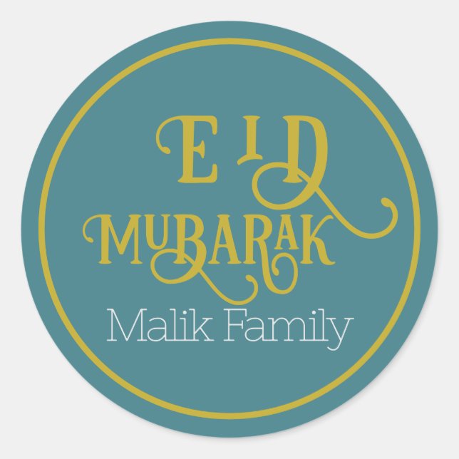 Eid Mubarak Turquoise Colour Plain Personalised Classic Round Sticker (Front)