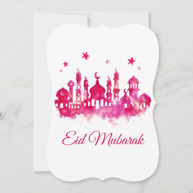 Eid Mubarak  Watercolor Mosque Holiday Card (Front)