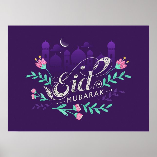 Eid mubarak with flowers mosques and moon Poster (Front)