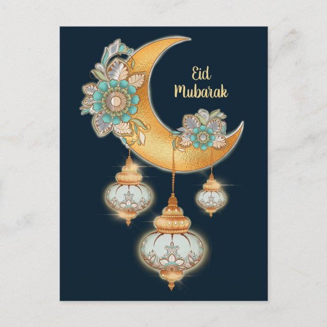 Eid Mubarak with Henna Flowers and Arabic Lamps Holiday Postcard (Front)
