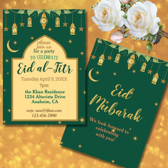 Eid Party Invitation Elegant Green Gold Lanterns (This elegant Eid invitation in rich green + gold features lanterns, a crescent moon + script font.)